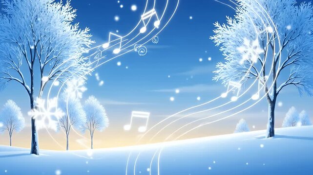 Glowing musical notes drift through a serene winter landscape with snow-covered trees and a soft, tranquil atmosphere.