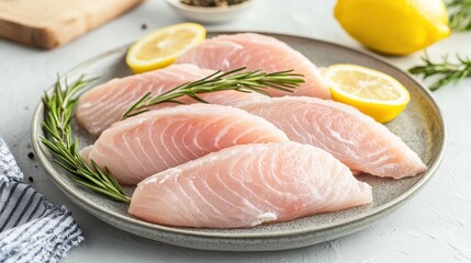 Fresh Raw Fish Fillets with Lemon and Herbs on a Rustic Plate