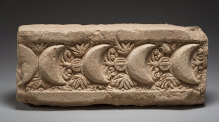 Decorative Stone Relief with Lunar Phases and Floral Motifs