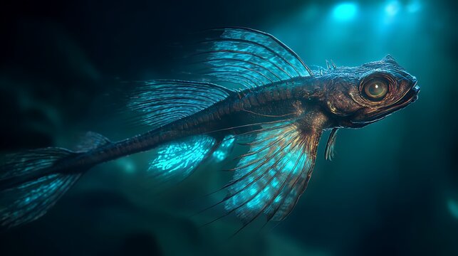 A bioluminescent dragonfish with long fins swimming in a glowing underwater cave 