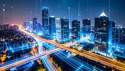 Obraz premium Aerial View Of A Lit Cityscape With Illuminated Buildings And Roads At Night Featuring Blue Lights