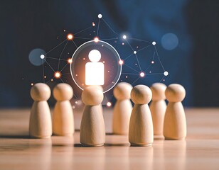 holographic icon and wooden figurine illustrating collaborative team effort