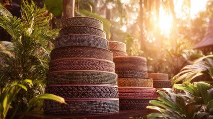 Colorful Handcrafted Baskets Arranged in a Nature Setting at Dusk