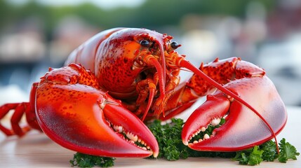 Fresh Red Lobster on Table Surrounded by Decorative Greens