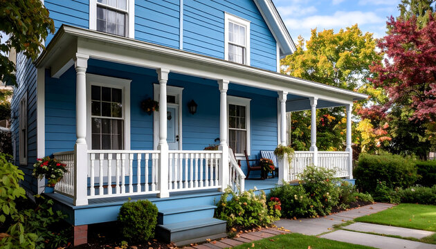 Blue Wooden House Exterior with White Porch and Autumnal Foliage