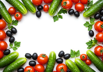 Top view of Mediterranean vegetables olives cherry tomatoes cucumbers and parsley arranged