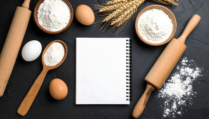 Recipe Book Mockup with Baking Ingredients Flour, Eggs, and Rolling Pin