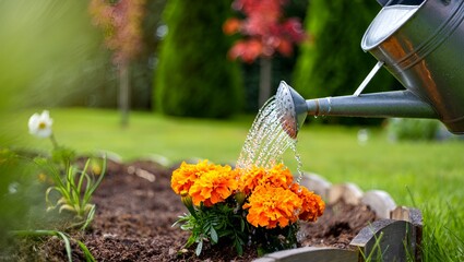 Watering can pours onto bright orange marigolds in a lush green garden setting