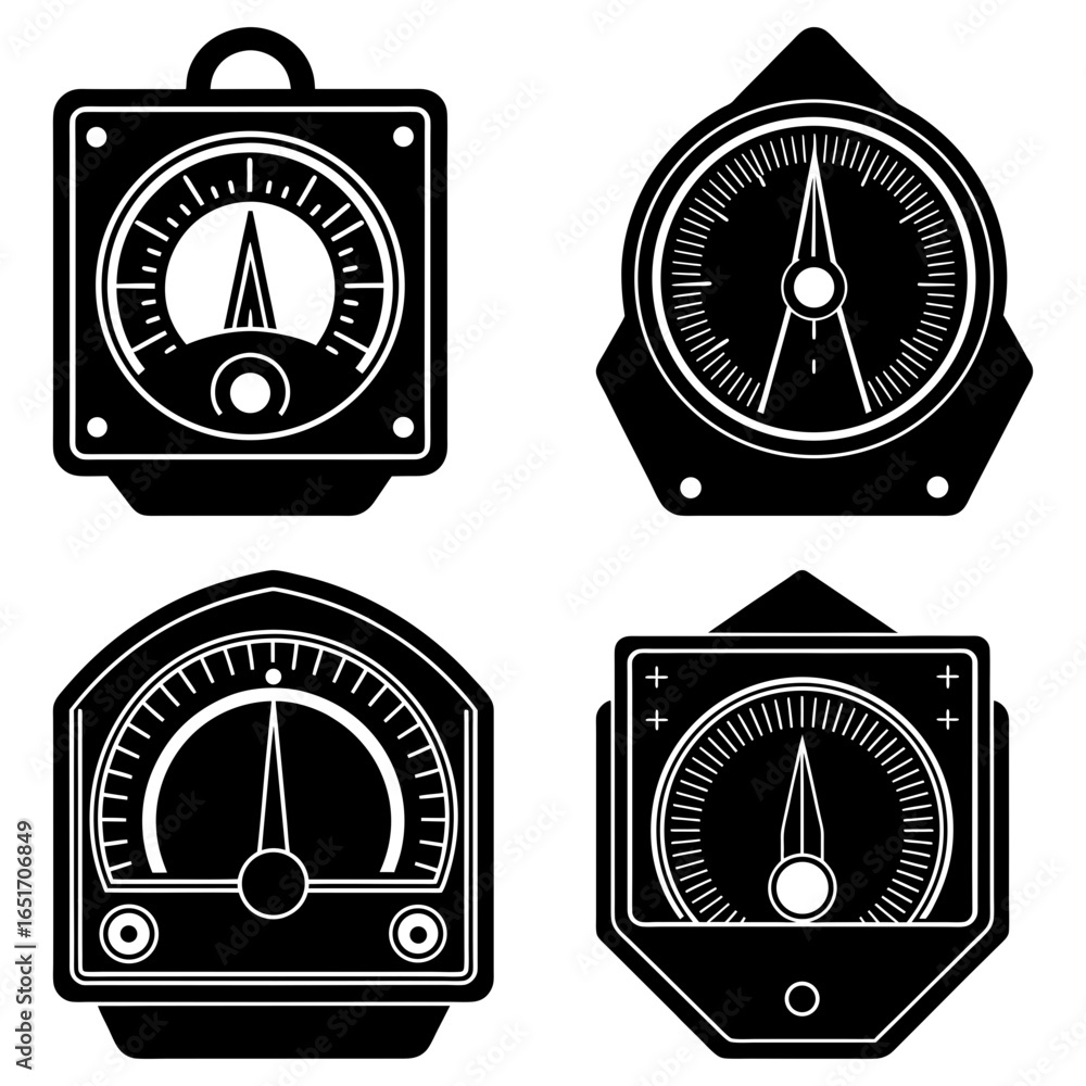 Poster illustration of four black and white analog gauges with different shapes and pointer positions shown
