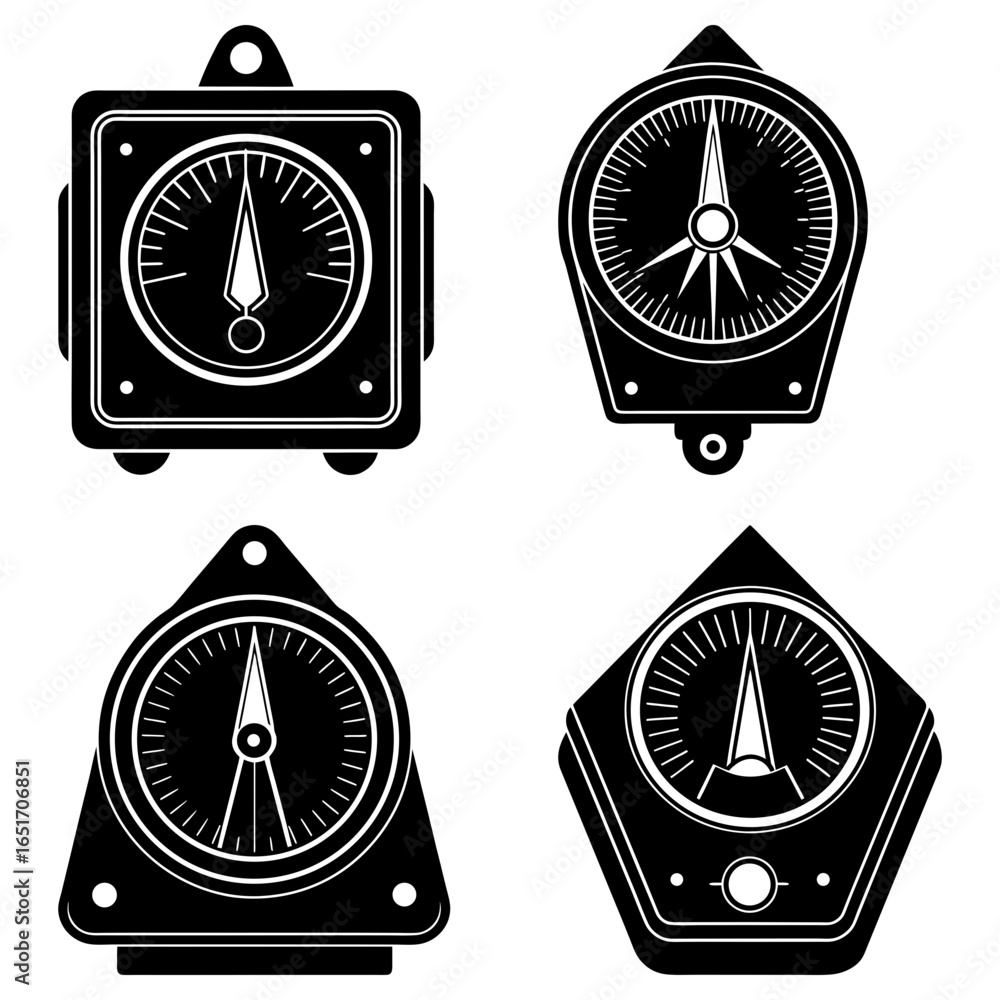 Poster illustration showing four different styles of black and white nautical compasses with pointers and d