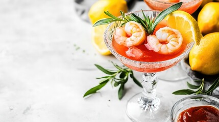 Elegant shrimp cocktail with citrus garnish and fresh herbs