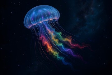 Naklejka premium Massive space jellyfish blooming with rainbow powder tendrils causing Hypernova Jellyfish Bloom