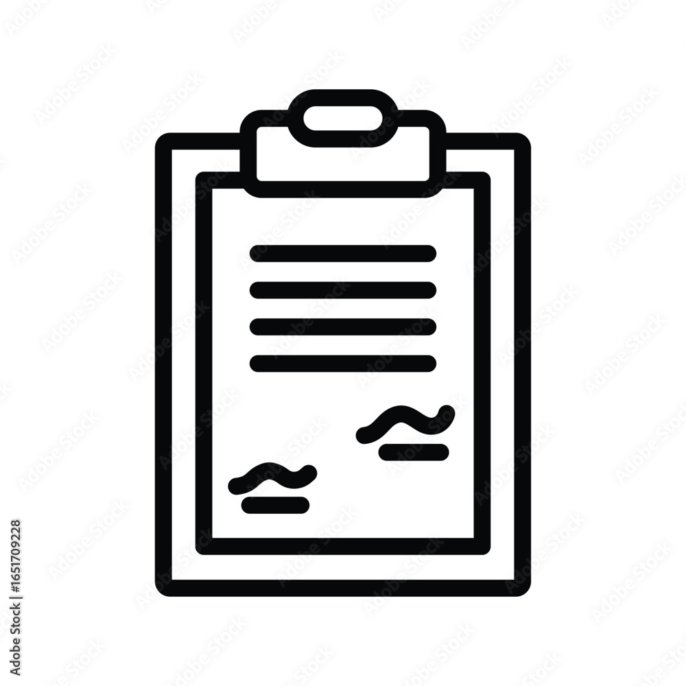 Poster A clipboard holding a document with text lines signatures and a clip, web icons in line style. Editable stroke
