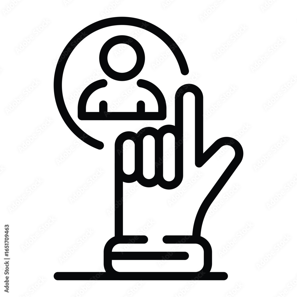 Poster icon of a hand pointing to a person in a circle, web icons in line style. editable stroke