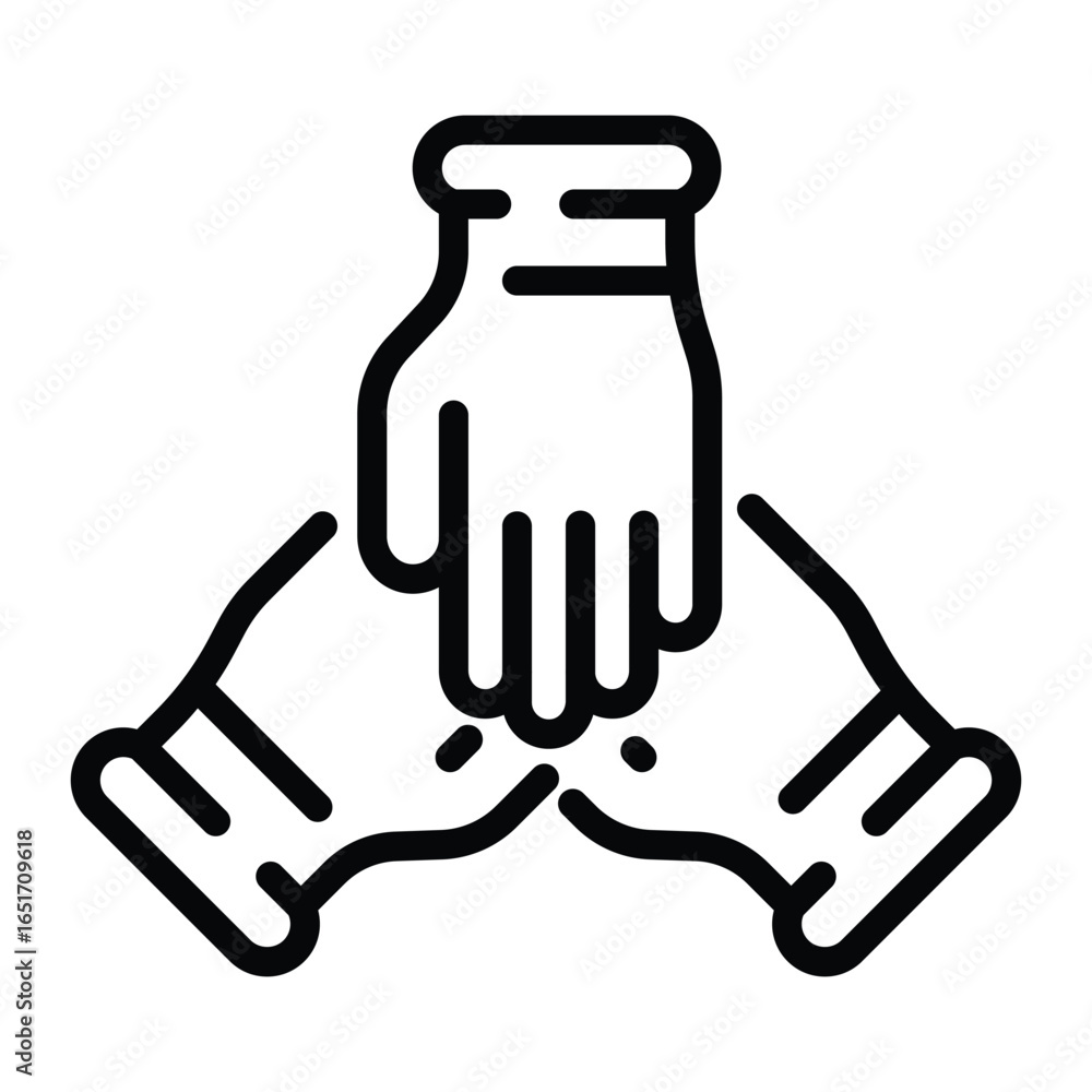 Poster three hands joined in the center symbolizing unity teamwork or cooperation, web icons in line style.