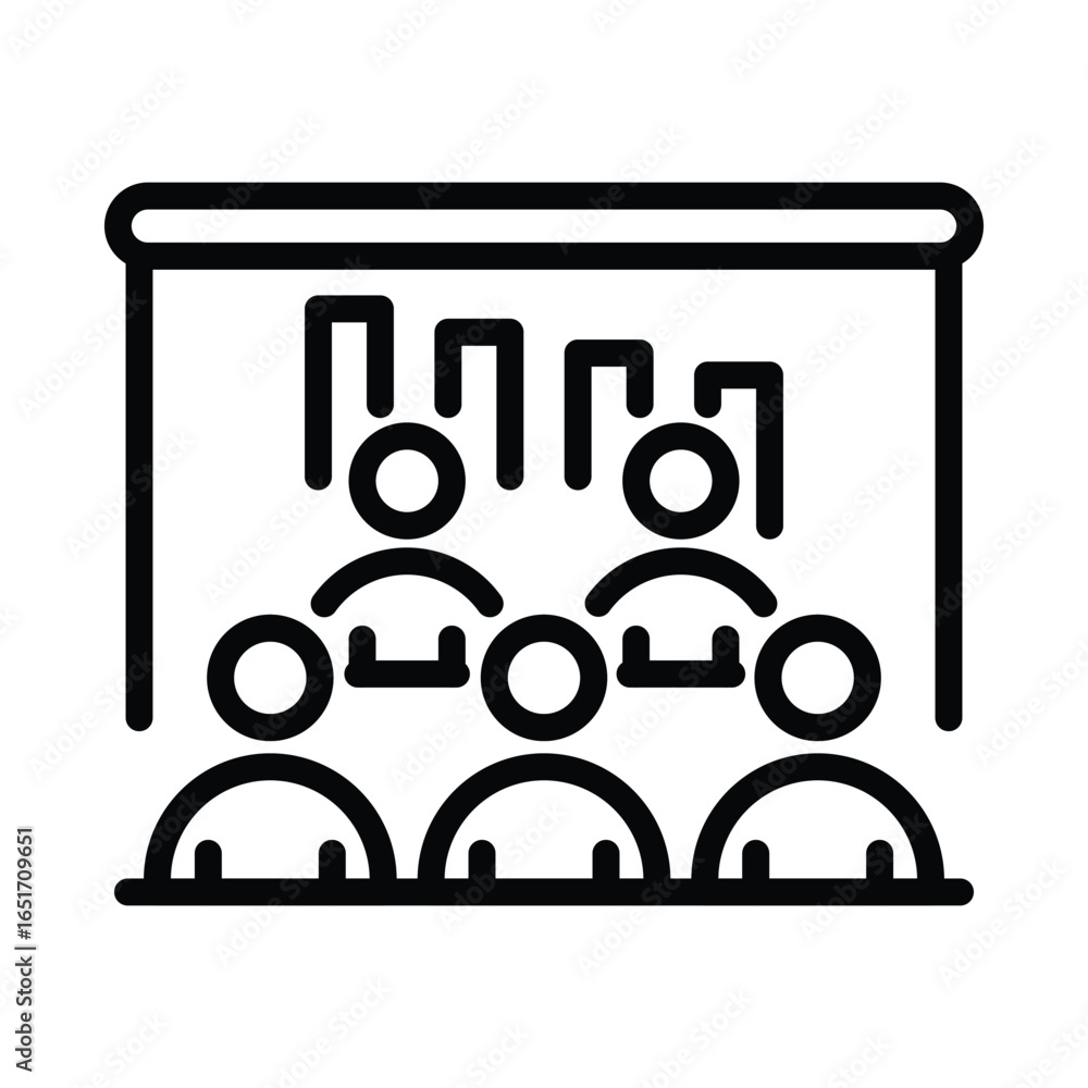 Poster presentation graph behind six stylized figures in rows, web icons in line style. editable stroke