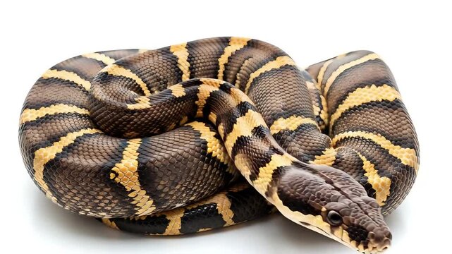 Coiled Python Snake Displaying Intricate Stripe Patterns on White Background