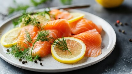 Fresh Salmon Slices with Lemon and Dill on a White Plate