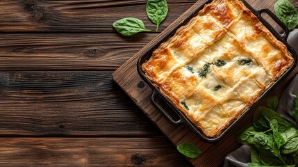 Delicious golden baked lasagna with spinach and cheese on rustic wood