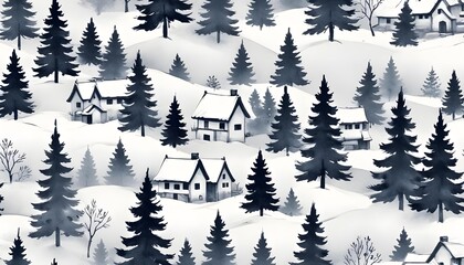 Snowy mountain village scene in watercolor, showcasing a cabin, Christmas tree, and gingerbread house amidst winter foliage