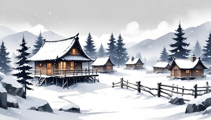 Charming winter village in watercolor, featuring a snow-covered cabin, Christmas decorations, and a nativity scene