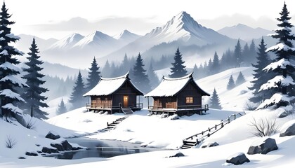 Watercolor of a cozy winter village with snow, Christmas trees, and a gingerbread house in a snowy forest setting