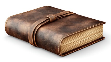 Obraz premium Vintage LeatherBound Journal with Rich Brown Color, Tied with Strap, and Isolated on White.
