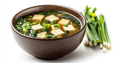 Delicious Tofu Miso Soup, Studio Shot, White Background, Garnish