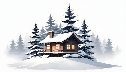 A warm cabin in a snowy landscape, surrounded by trees and mountains, showcasing a festive winter scene with Christmas elements