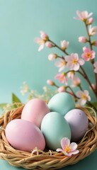 Fototapeta premium Delicate pastel egg arrangement, gold accents, spring motif, nest, design