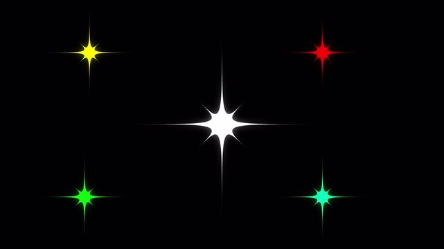 colorful twinkle star glitter sparkle animation on black background,  stars blinking loop doodles style animated with alpha  channel.
