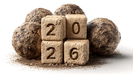 Fototapeta premium 2026 Year Concept Cubes with Numbers Dirt on White Background.