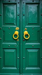 Antique emerald green double doors with brass handles