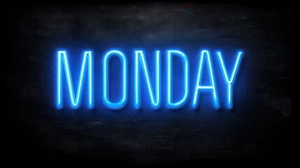 Neon Blue Sign Displaying the Word Monday on a Dark Background