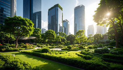 Fototapeta premium Lush Green Park with Trees and Buildings Under the Blue Sky with Bright Sunlight in Modern Urban Setting