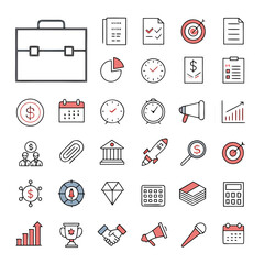 A collection of business and finance icons featuring a briefcase charts money and office supplies for presentations and reports