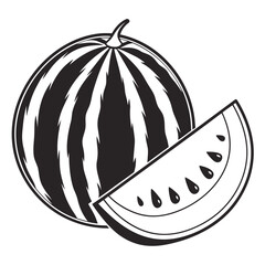 A stylized black and white illustration of a whole watermelon with dark stripes next to a single slice revealing its seeds and rind