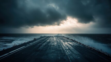 Fototapeta premium Expansive View of Aircraft Carrier Deck Under Stormy Sky