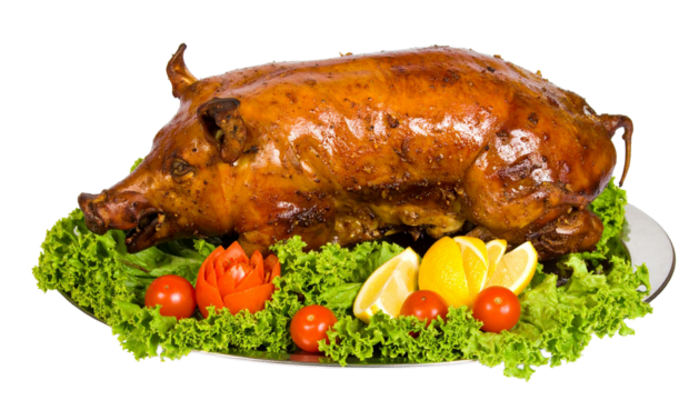 Roasted whole pig isolated on transparent background