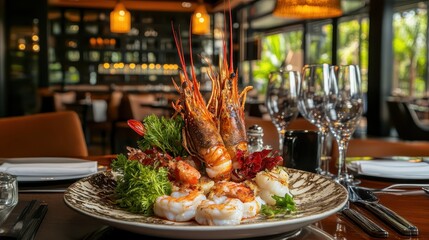 Obraz premium Exquisite Seafood Platter with Shrimp and Lobster in Elegant Restaurant