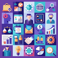 A vibrant mosaic of business and finance icons representing concepts like growth teamwork and global reach designed in a flat modern style