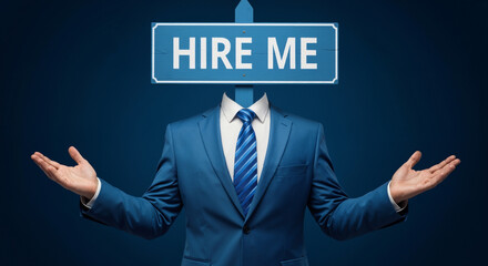 
A faceless businessman in a blue suit and tie stands with outstretched arms, his head replaced by a street sign that says "HIRE ME."