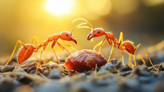 Teamwork in the insect world: Two ants working together to carry food
