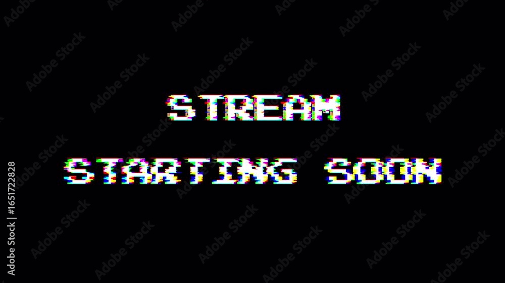 Aufkleber starting soon text with glitch effect on black background. glitch text animation effect. retro pixel
