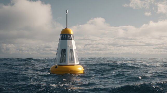 Bright Yellow Buoy Floating Alone in Calm Ocean Waters at Dusk