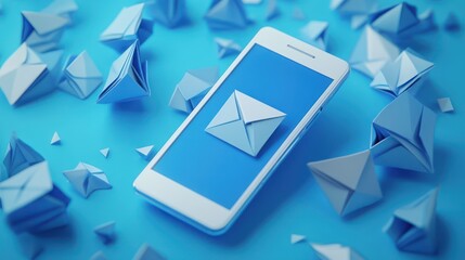 Digital correspondence concept depicted with smartphone and origami envelopes