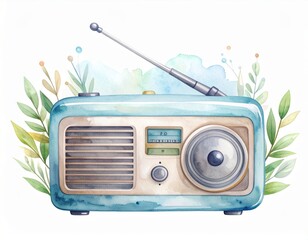 Obraz premium Vintage-style radio illustration with whimsical watercolor effects and foliage accents