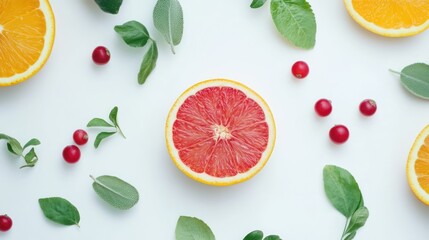Vibrant citrus and berry arrangement on a clean white surface creating freshness