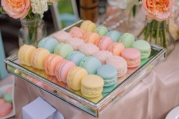 Colorful macarons arranged on a mirrored tray, surrounded by flowers and pastel decor