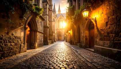 Fototapeta premium Narrow Cobblestone Street Illuminated By Lanterns Leading Towards a Gothic Cathedral at Sunset